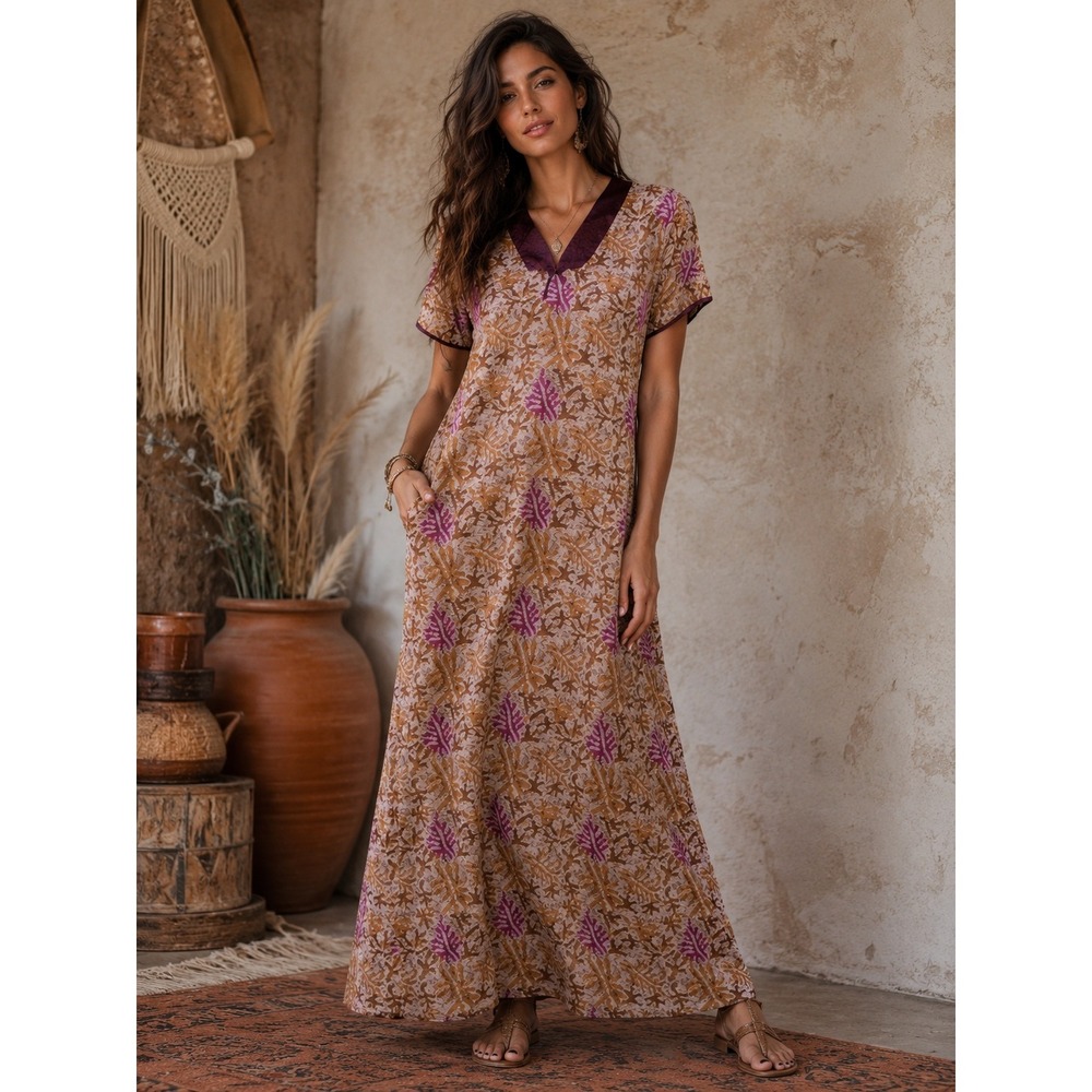 Vintage Batik Print Maxi House Dress Brown Purple V-Neck Short Sleeve